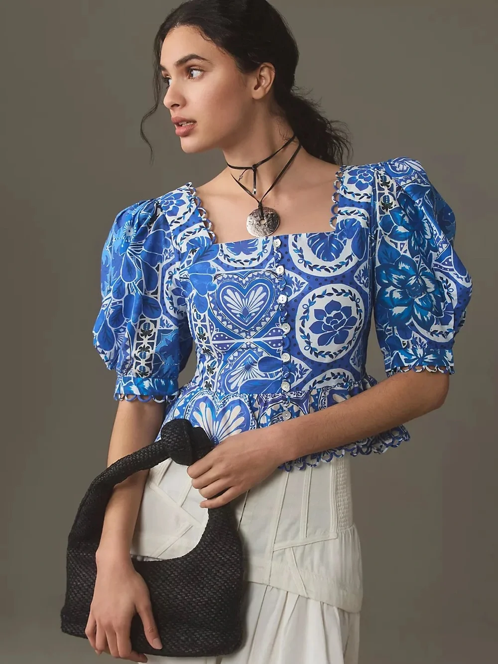 FARM Rio Tile Dream Cotton Puff Sleeve Peplum Top Blouse Blue White Large NWT